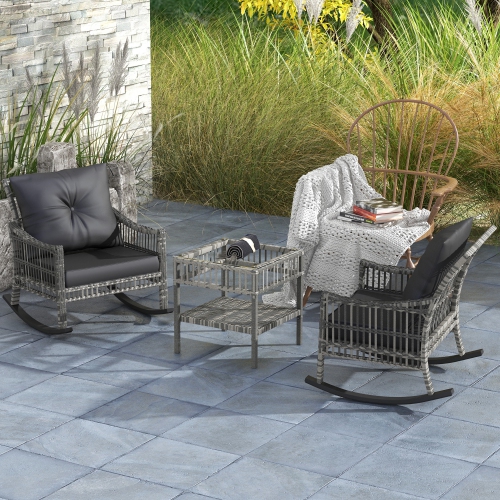 Outsunny 3 Pieces Outdoor PE Rattan Rocking Chair Set, Patio Wicker Rocker Chair Bistro set with Padded Cushions and Storage, for Garden Backyard