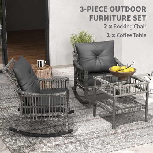 Outsunny 3 Pieces Outdoor PE Rattan Rocking Chair Set, Patio Wicker Rocker Chair Bistro set with Padded Cushions and Storage, for Garden Backyard