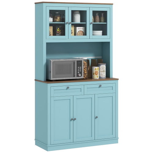 HOMCOM 71" Tall Kitchen Pantry Storage Cabinet with Microwave Space, Freestanding Buffet with Hutch, 2 Drawers, 4 Cabinets, Adjustable Shelves, Glass