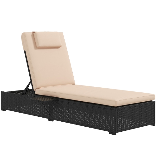 OUTSUNNY  Outdoor Patio Lounger w Cushion, 5-Level Reclining Wicker Chaise Lounge Chair w Tea Tray, for Poolside, Patio, Deck, 264Lb Weight Capacity