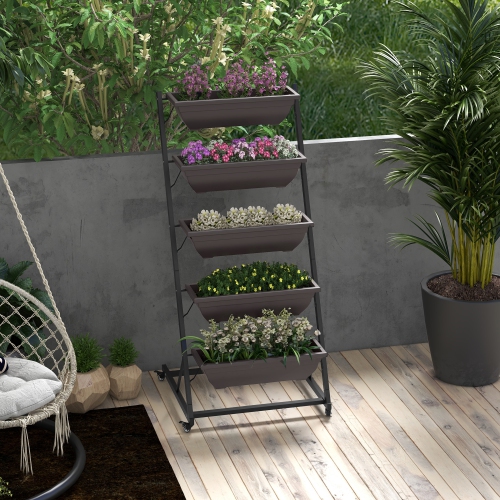Outsunny 5-Tier Vertical Raised Garden Bed with 5 Planter Boxes, Wheels, Outdoor Plant Stand Grow Container with Leaking Holes for Balcony Patio