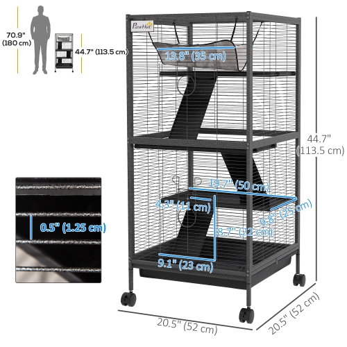 PawHut 4-Tier Rat Guinea Pig Rabbit Ferret Cage, 45" H Deluxe Rolling Metal Small Animal Cage, Critter Nation for Mink Chinchilla Kitten with