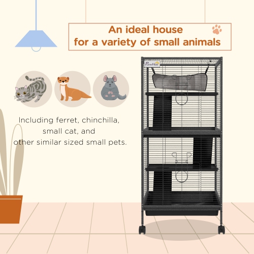 PawHut 4-Tier Rat Guinea Pig Rabbit Ferret Cage, 45" H Deluxe Rolling Metal Small Animal Cage, Critter Nation for Mink Chinchilla Kitten with