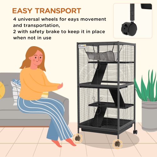 PawHut 4-Tier Rat Guinea Pig Rabbit Ferret Cage, 45" H Deluxe Rolling Metal Small Animal Cage, Critter Nation for Mink Chinchilla Kitten with
