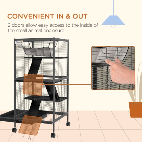 PawHut 4-Tier Rat Guinea Pig Rabbit Ferret Cage, 45" H Deluxe Rolling Metal Small Animal Cage, Critter Nation for Mink Chinchilla Kitten with