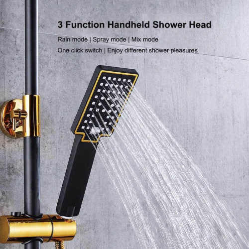 Shower Set Bathroom Shower Black Gold Shower Faucet with Spray Gun Shower Set Supercharged Top Spray Lift Shower System Four Gears Water Supply