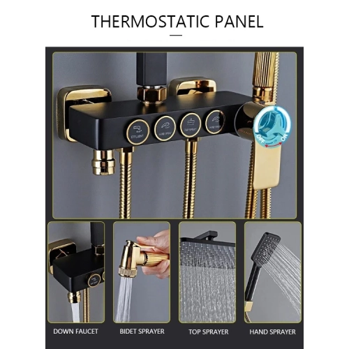 Shower Set Bathroom Shower Black Gold Shower Faucet with Spray Gun Shower Set Supercharged Top Spray Lift Shower System Four Gears Water Supply