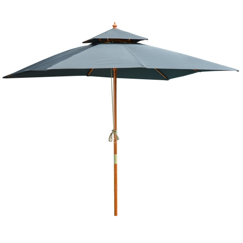 Outsunny 10x10ft Wood Square Patio Umbrella Garden Market Parasol Sunshade Canopy with 2 Pulley Pagoda Style, Dark Grey