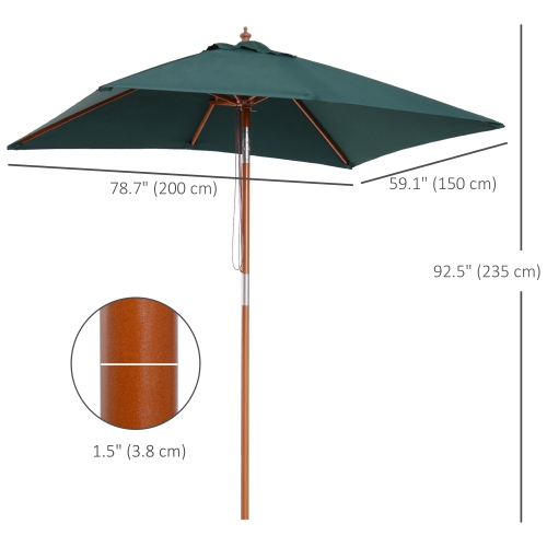 Outsunny 6.6x5ft Fir Wooden Patio Umbrella Square Market Parasol Tilt Mechanism 6 Ribs Garden Sunshade Green