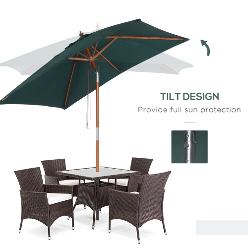 Outsunny 6.6x5ft Fir Wooden Patio Umbrella Square Market Parasol Tilt Mechanism 6 Ribs Garden Sunshade Green
