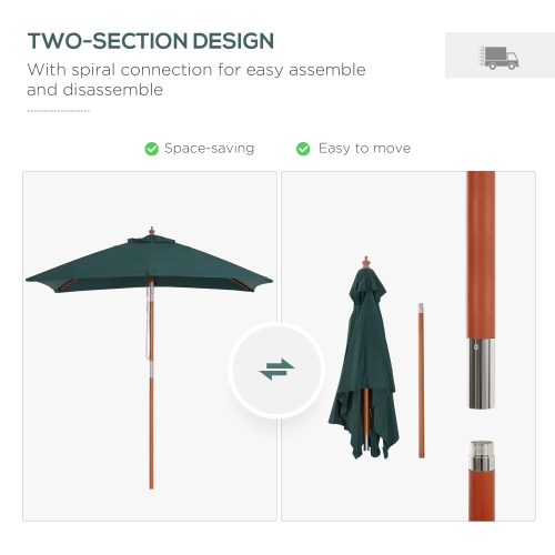 Outsunny 6.6x5ft Fir Wooden Patio Umbrella Square Market Parasol Tilt Mechanism 6 Ribs Garden Sunshade Green