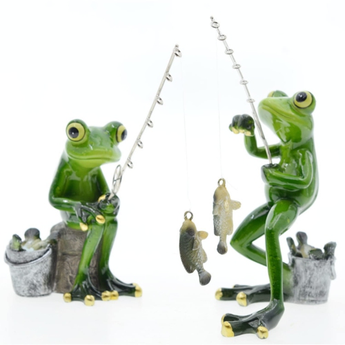 Humorous Fishing Frog Statues, 2pcs Mascot Animal Ornaments