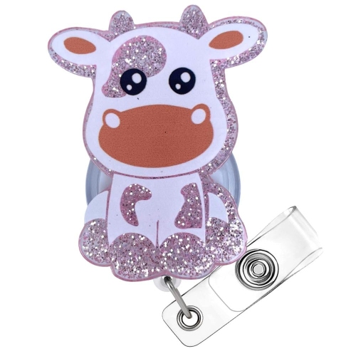 Cute Pink Highland Cow Badge Reel - Retractable Animal Print ID