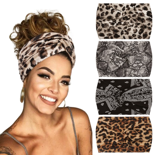 Wide Thick Stretchy Headbands for Women's Hair - Boho African Turban  Knotted Leopard Head Bands - 4 Packs