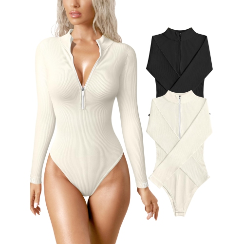 Stylish Women's Ribbed Bodysuit Set with Zip Front and Long Sleeve Tops in  Black and Beige