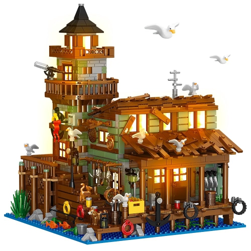 Wooden Fishing Village Store House Building Set with LED Light - 1845 PCS  Mini Building Block Kit for Creative Architecture - STEM Toys Birthday Gift  for Adults, Kids, Boys, Girls