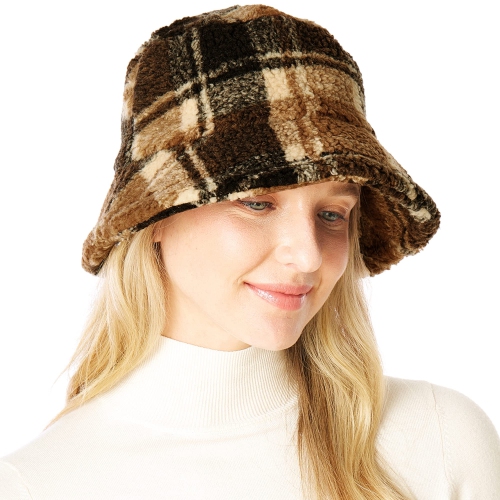 Women's Winter Animal Plaid Print Bucket Hat - Fuzzy Warmer Fisherman Hat  (Beige)