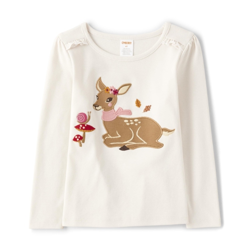 Cute Deer Embroidered Graphic Long Sleeve T-Shirts for Toddlers, Size 4T