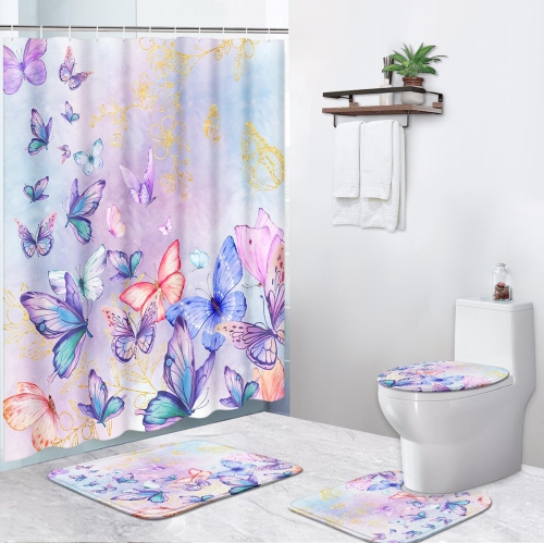 Colorful Butterfly Blue Floral Animal Shower Curtain Set with Non