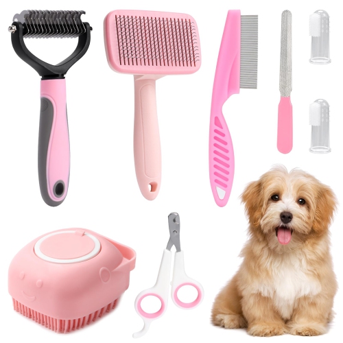 8 Piece Dog Grooming Kit Self Cleaning Brush Nail Clipper Flea