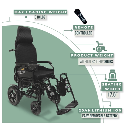 X-9 Fauteuil roulant électrique à télécommande | dossier inclinable et repose-pieds de levage automatiques | moteurs doubles, gamme 16 km |