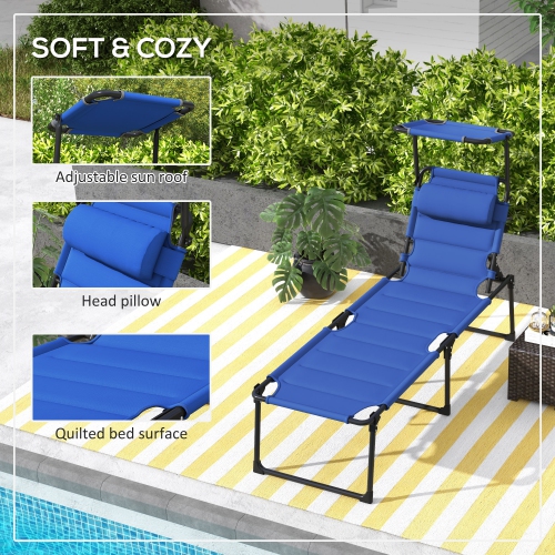 Outsunny Folding Chaise Lounge with Adjustable Sunroof, Outdoor Quick Dry Padded Tanning Chairs with Headrest, Reclining Back Outdoor Lounge Chair,