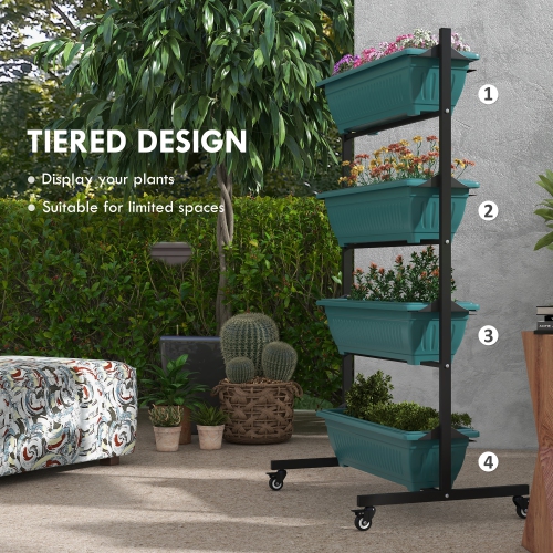 Outsunny 4-Tier Vertical Raised Garden Bed with 4 Planter Boxes, Wheels, Outdoor Plant Stand Grow Container with Leaking Holes for Balcony Patio