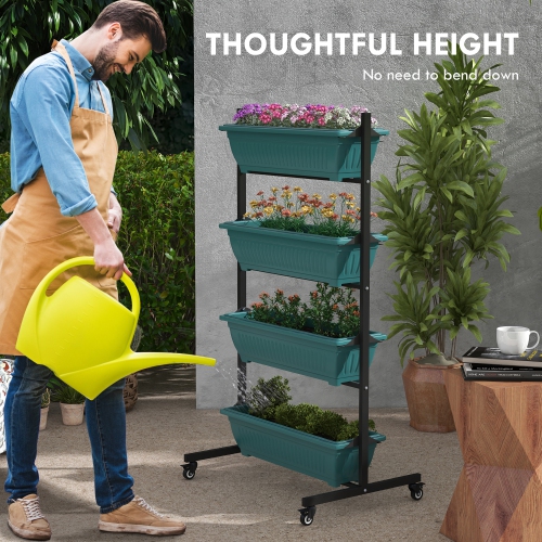 Outsunny 4-Tier Vertical Raised Garden Bed with 4 Planter Boxes, Wheels, Outdoor Plant Stand Grow Container with Leaking Holes for Balcony Patio