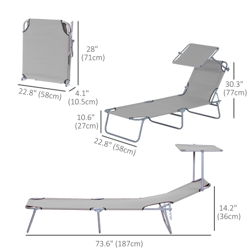 Outsunny Outdoor Lounge Chair, Adjustable Folding Chaise Lounge, Tanning Chair with Sun Shade for Beach, Camping, Hiking, Backyard, Light Grey