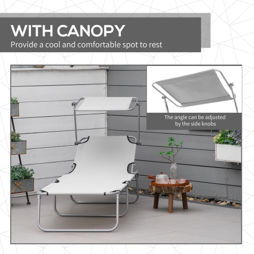 Outsunny Outdoor Lounge Chair, Adjustable Folding Chaise Lounge, Tanning Chair with Sun Shade for Beach, Camping, Hiking, Backyard, Light Grey