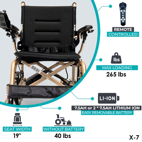 X-7 ComfyGO Electric Wheelchair | Ultra-Light, Foldable, Dual Motor | Up to 16 km Range | Easy 360° Control with LCD Display Travel Ready | Gold Frame