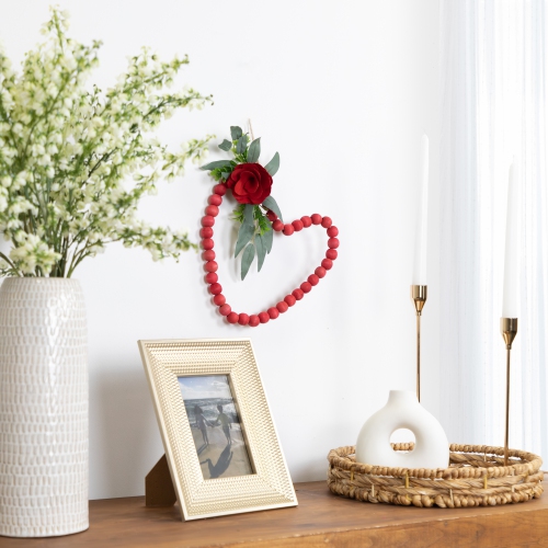 Perles en bois avec décoration murale en forme de coeur rose Saint-Valentin - 10,25 po - Rouge