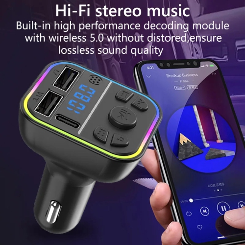 Émetteur FM Bluetooth 5,0 sans fil pour l'auto lumière ambiante colorée type C double USB recharge rapide lecteur MP3 pour l'auto