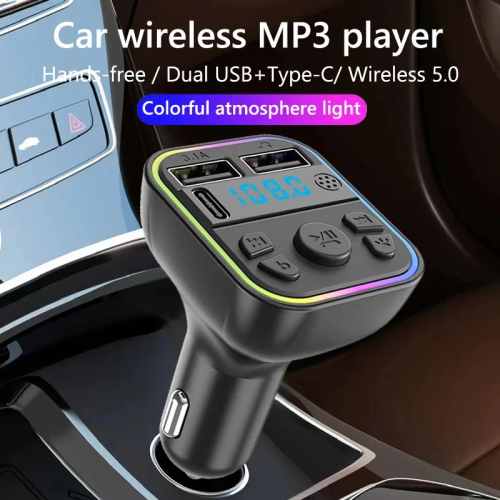 Émetteur FM Bluetooth 5,0 sans fil pour l'auto lumière ambiante colorée type C double USB recharge rapide lecteur MP3 pour l'auto