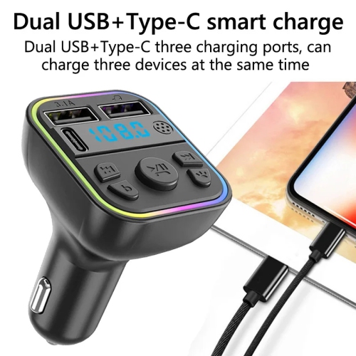 Émetteur FM Bluetooth 5,0 sans fil pour l'auto lumière ambiante colorée type C double USB recharge rapide lecteur MP3 pour l'auto
