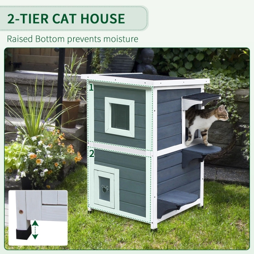 PawHut 2 Story Outdoor Cat House, Outdoor Cat Enclosure Wooden Cat Shelter with Windows, Platforms, Openable Top, Asphalt Roof, Grey