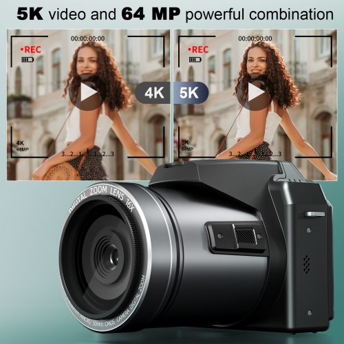 Appareil photo numérique 5K 64 Mpx 16X 3 po Wi-Fi Mise au point automatique Caméra vidéo pour YouTube avec 32 Go TF