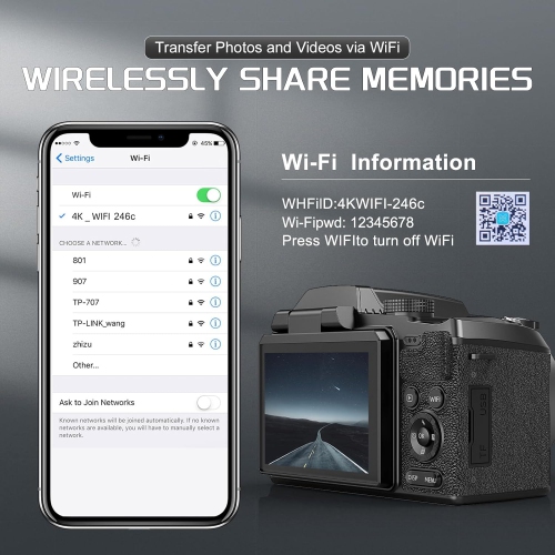 Appareil photo numérique 5K 64 Mpx 16X 3 po Wi-Fi Mise au point automatique Caméra vidéo pour YouTube avec 32 Go TF