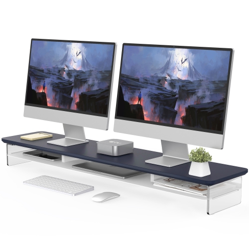 FENGE – Support pour moniteur double à 2 niveaux en acrylique, support pour ordinateur robuste et transparent pour la maison, le bureau et l’entrepri