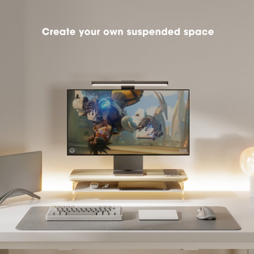 Fenge Acrylic Monitor Stand Riser, 23.6 Inches Dual Acrylic Monitor Stand for 2 Monitors, 2 Tier Acrylic Computer Riser with Storage,Oak