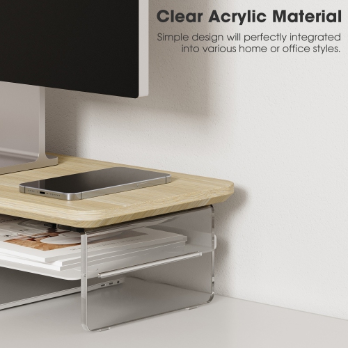 Fenge Acrylic Monitor Stand Riser, 23.6 Inches Dual Acrylic Monitor Stand for 2 Monitors, 2 Tier Acrylic Computer Riser with Storage,Oak