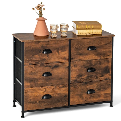 COSTWAY  6 Drawer Dresser Fabric Storage Tower W/wooden Top Chest Organizer Rustic Brown