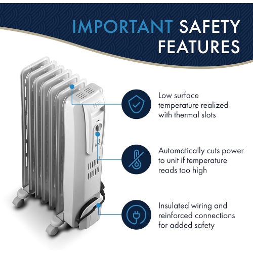 De'Longhi Oil-Filled Radiator Space Heater, Full Room Quiet 1500W, Adjustable Thermostat 3 Heat Settings