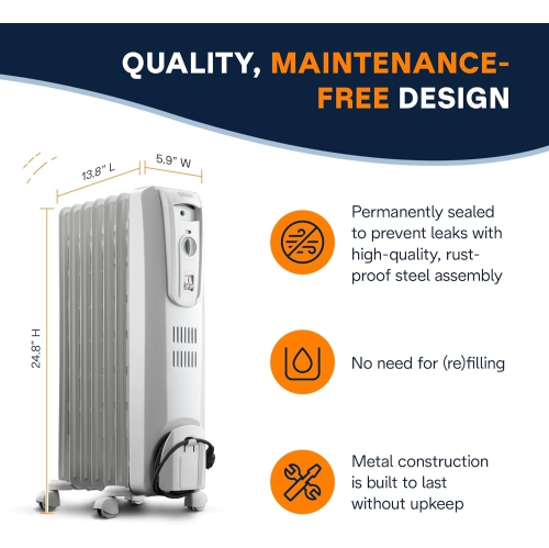 De'Longhi Oil-Filled Radiator Space Heater, Full Room Quiet 1500W, Adjustable Thermostat 3 Heat Settings