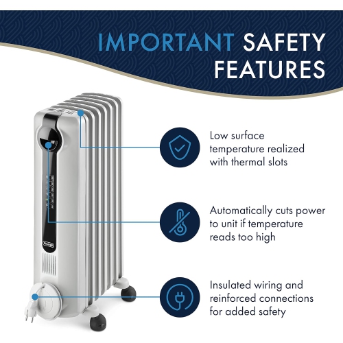 De'Longhi Oil-Filled Radiator Space Heater, Full Room Quiet 1500W, Adjustable Thermostat, 3 Heat Settings, Digital Timer, ECO Energy Saving Mode