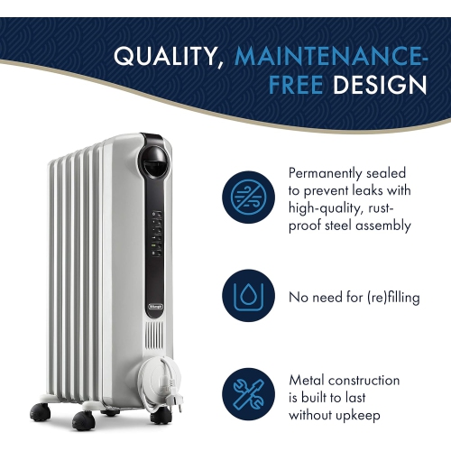 De'Longhi Oil-Filled Radiator Space Heater, Full Room Quiet 1500W, Adjustable Thermostat, 3 Heat Settings, Digital Timer, ECO Energy Saving Mode