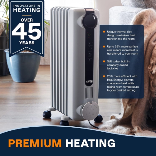 De'Longhi Oil-Filled Radiator Space Heater, Full Room Quiet 1500W, Adjustable Thermostat, 3 Heat Settings, Digital Timer, ECO Energy Saving Mode