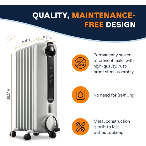 De'Longhi Oil-Filled Radiator Space Heater, Full Room Quiet 1500W, Adjustable Thermostat, 3 Heat Settings, Digital Timer, ECO Energy Saving Mode