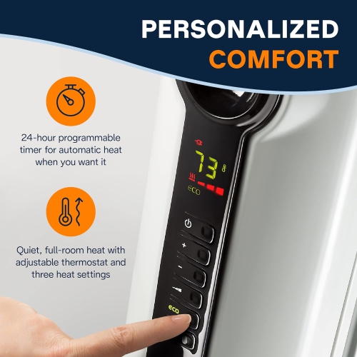 De'Longhi Oil-Filled Radiator Space Heater, Full Room Quiet 1500W, Adjustable Thermostat, 3 Heat Settings, Digital Timer, ECO Energy Saving Mode