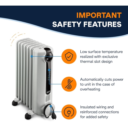 De'Longhi Oil-Filled Radiator Space Heater, Full Room Quiet 1500W, Adjustable Thermostat, 3 Heat Settings, Digital Timer, ECO Energy Saving Mode